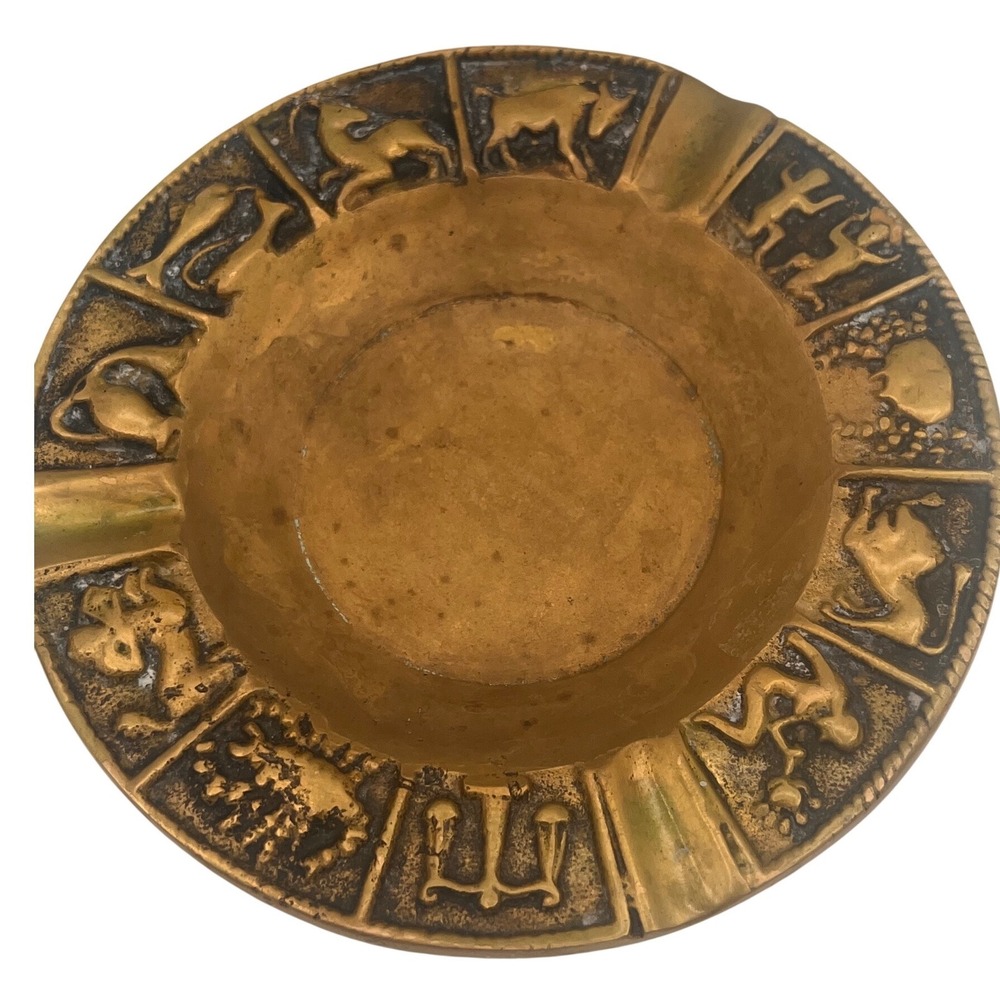 Vtg brass ashtray‎ twelve signs of Chinese Zodiac Ashtray Catchall Trinket Dish